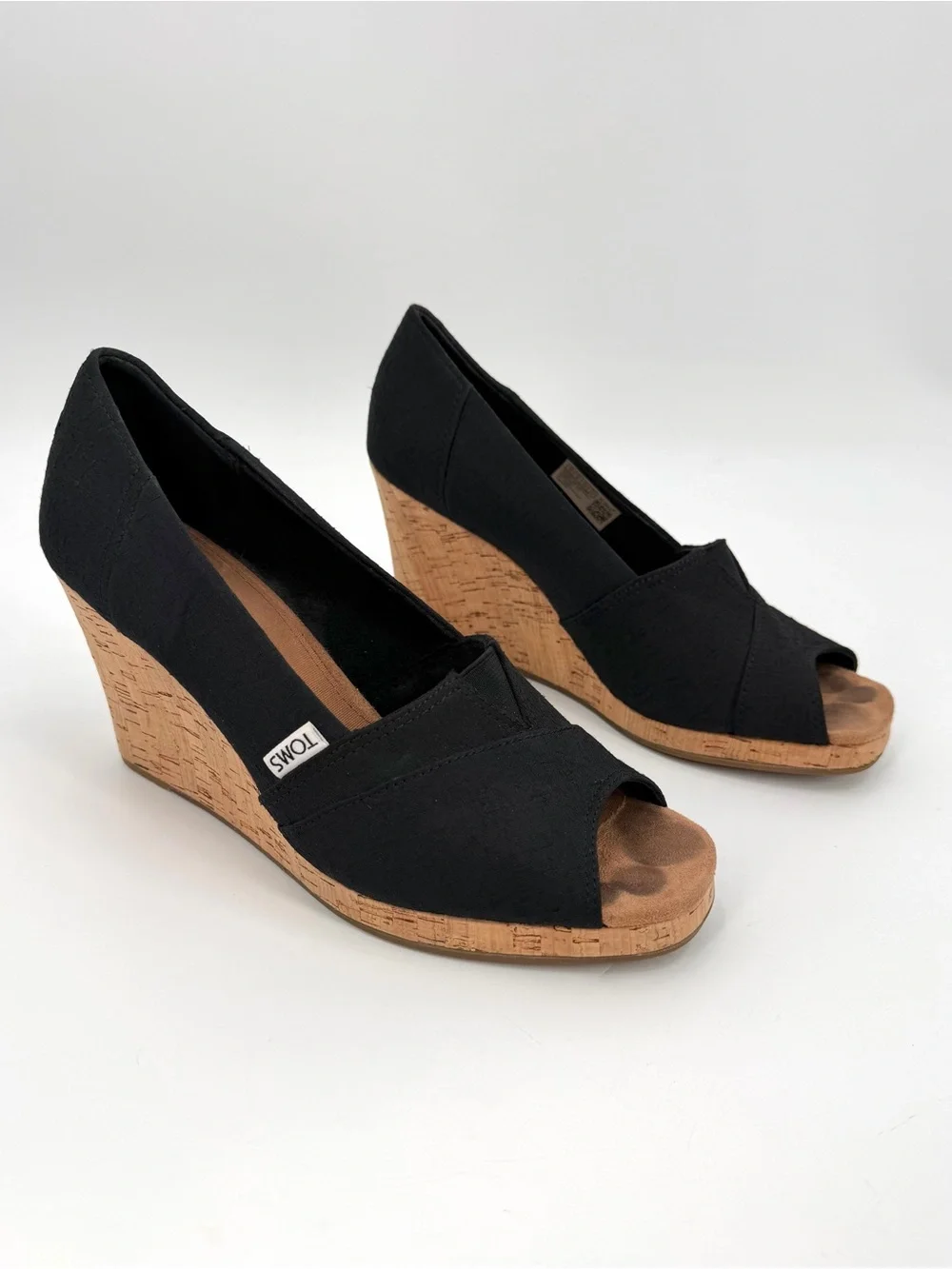 Toms Sandals Women’s 10M Black Classic Wedge Espadrille Cork Peep Toe Slip On